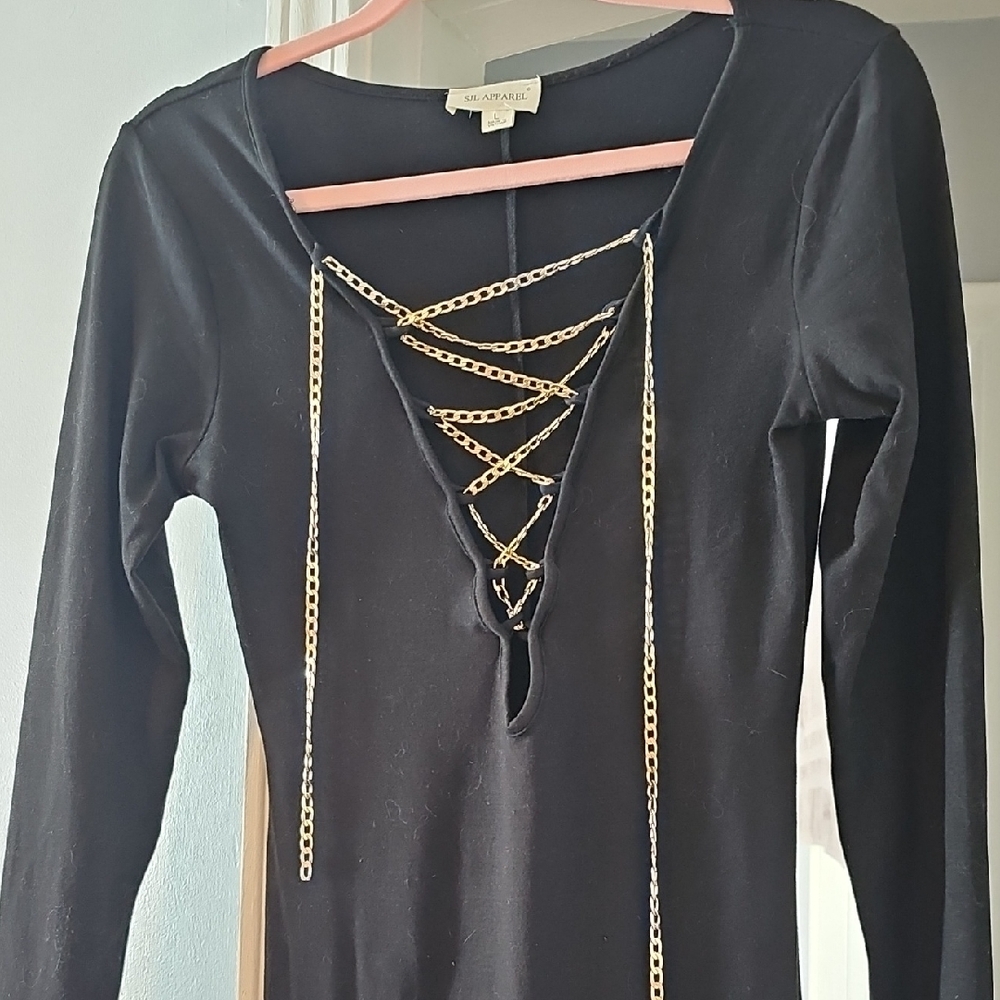 Black and Gold Plunge Neck Long Sleeve Bodycon Jumpsuit